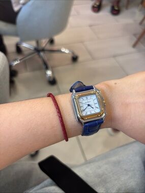 Peugeot Blue Leather Strap Women's Square Watch 35mm with Two-Tone Case